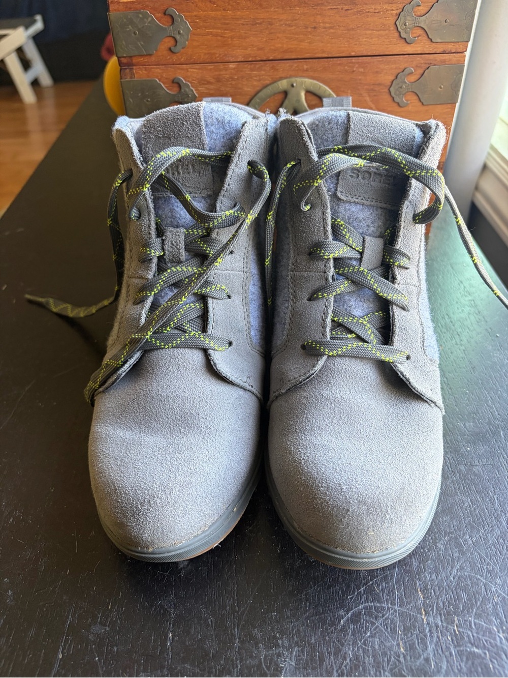 Sorel Evie Gray Suede Lace-Up Ankle Boots with Green-Accent Laces